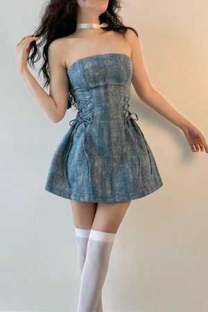 Y2K Streetwear Vintage Denim Pleated A-Line Dress