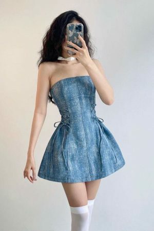 Y2K Streetwear Vintage Denim Pleated A-Line Dress