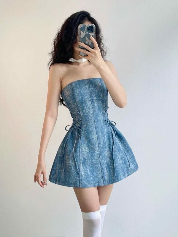 Y2K Streetwear Vintage Denim Pleated A-Line Dress