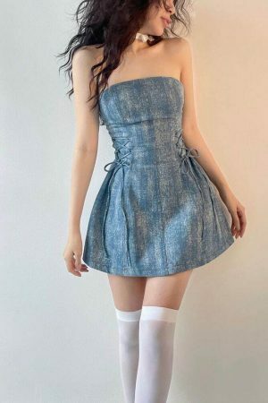 Y2K Streetwear Vintage Denim Pleated A-Line Dress