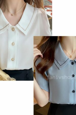 Y2K Streetwear White Chiffon Short Sleeve Blouse for Women