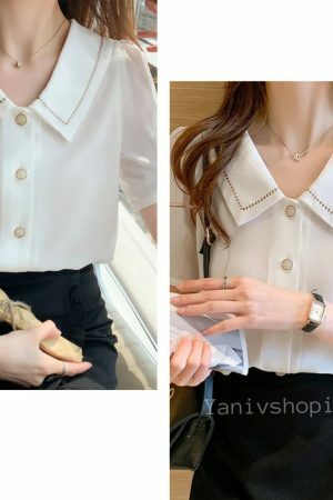 Y2K Streetwear White Chiffon Short Sleeve Blouse for Women