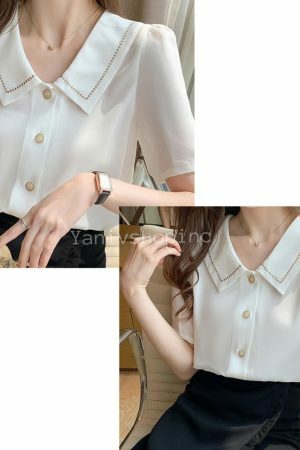 Y2K Streetwear White Chiffon Short Sleeve Blouse for Women