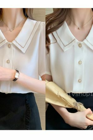 Y2K Streetwear White Chiffon Short Sleeve Blouse for Women