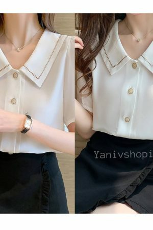 Y2K Streetwear White Chiffon Short Sleeve Blouse for Women