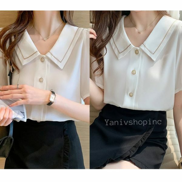 Y2K Streetwear White Chiffon Short Sleeve Blouse for Women