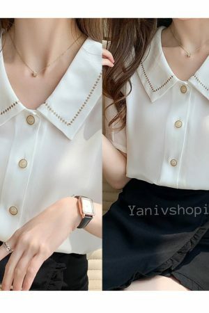 Y2K Streetwear White Chiffon Short Sleeve Blouse for Women