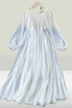 Y2K Streetwear White Chiffon Smocked Off-Shoulder Maxi Dress