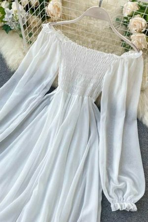 Y2K Streetwear White Chiffon Smocked Off-Shoulder Maxi Dress