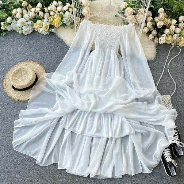 Y2K Streetwear White Chiffon Smocked Off-Shoulder Maxi Dress