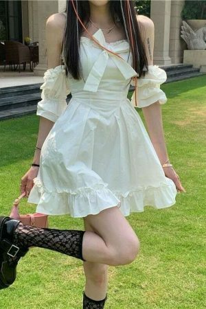 Y2K Streetwear White Fairy Off Shoulder Ruffle Dress Women