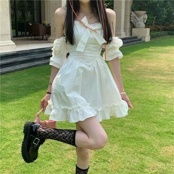 Y2K Streetwear White Fairy Off Shoulder Ruffle Dress Women