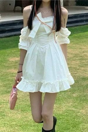 Y2K Streetwear White Fairy Off Shoulder Ruffle Dress Women