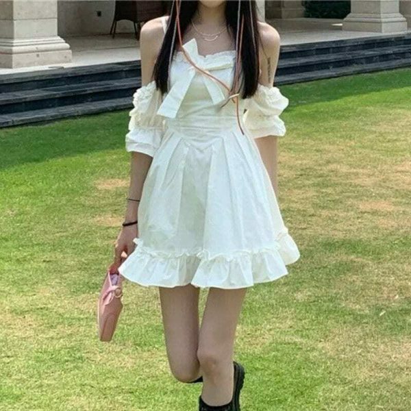 Y2K Streetwear White Fairy Off Shoulder Ruffle Dress Women