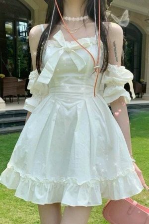 Y2K Streetwear White Fairy Off Shoulder Ruffle Dress Women