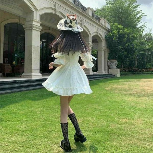 Y2K Streetwear White Fairy Off Shoulder Ruffle Dress Women