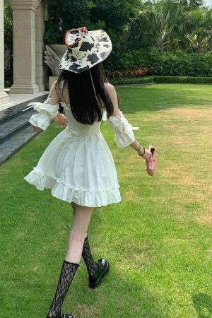 Y2K Streetwear White Fairy Off Shoulder Ruffle Dress Women