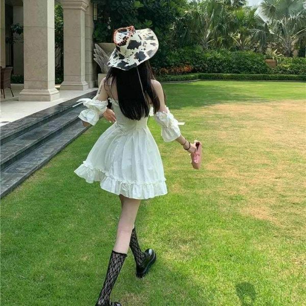 Y2K Streetwear White Fairy Off Shoulder Ruffle Dress Women