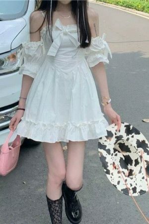 Y2K Streetwear White Fairy Off Shoulder Ruffle Dress Women