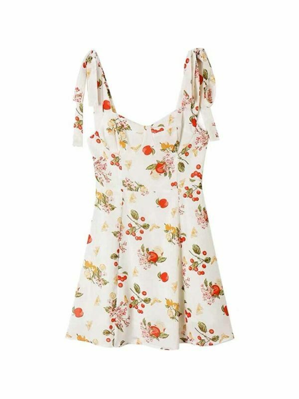 Y2K Streetwear White Floral Mini Tie Strap Chiffon Dress