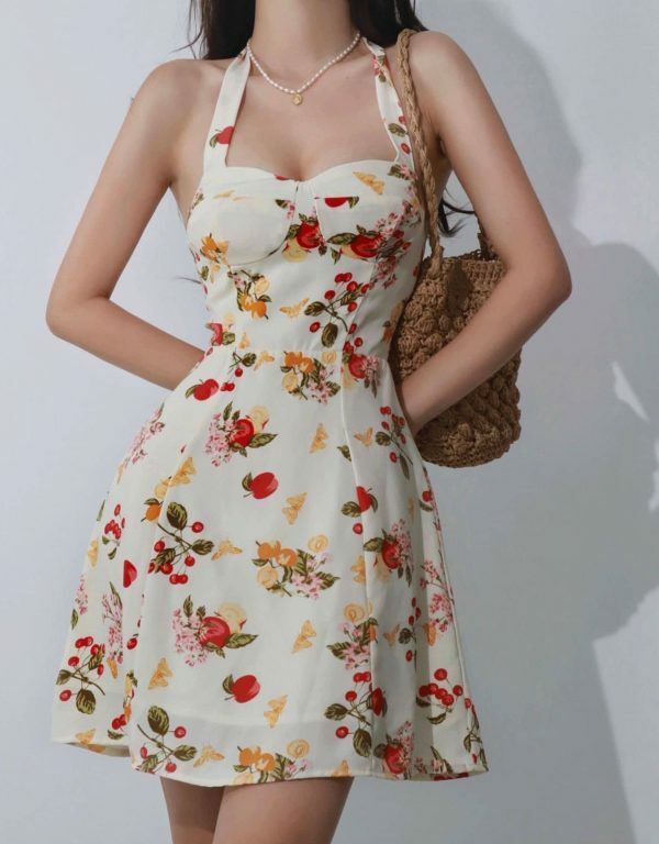 Y2K Streetwear White Floral Mini Tie Strap Chiffon Dress