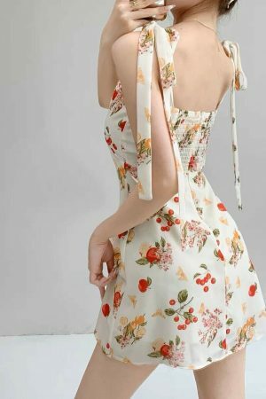 Y2K Streetwear White Floral Mini Tie Strap Chiffon Dress