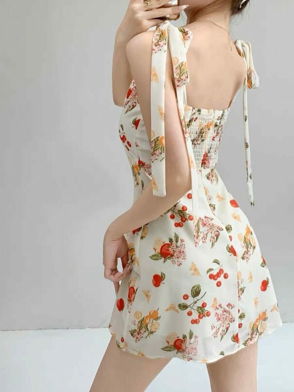 Y2K Streetwear White Floral Mini Tie Strap Chiffon Dress