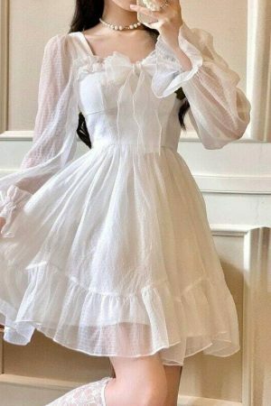 Y2K Streetwear White Lace Dress with Long Sleeves