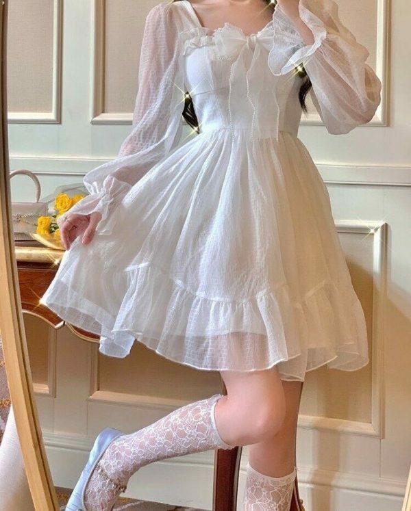 Y2K Streetwear White Lace Dress with Long Sleeves