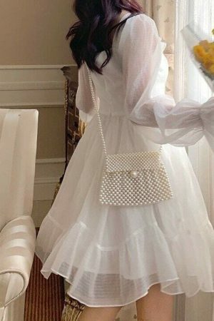 Y2K Streetwear White Lace Dress with Long Sleeves