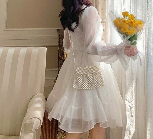 Y2K Streetwear White Lace Dress with Long Sleeves