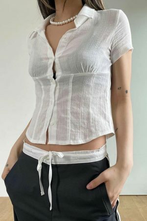 Y2K Streetwear White Thin Button-Up Blouse