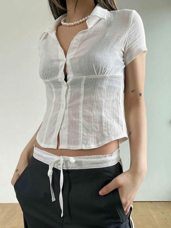 Y2K Streetwear White Thin Button-Up Blouse