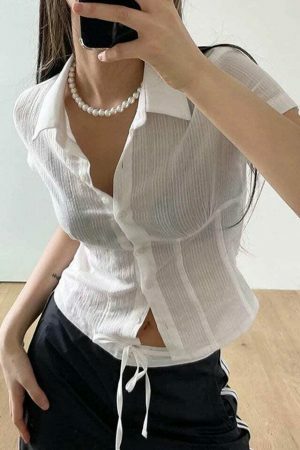 Y2K Streetwear White Thin Button-Up Blouse