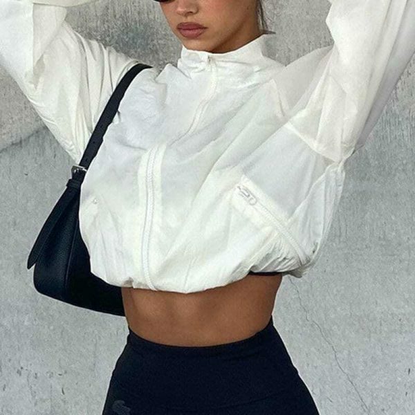 Y2K Streetwear White Zip-Up Jacket Women's Loose Cropped Outerwear