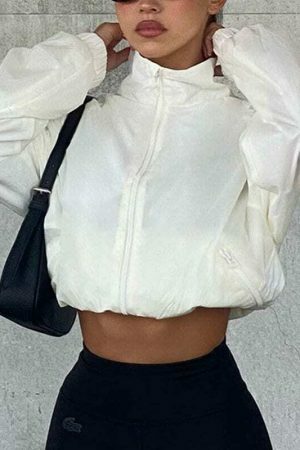 Y2K Streetwear White Zip-Up Jacket Women's Loose Cropped Outerwear