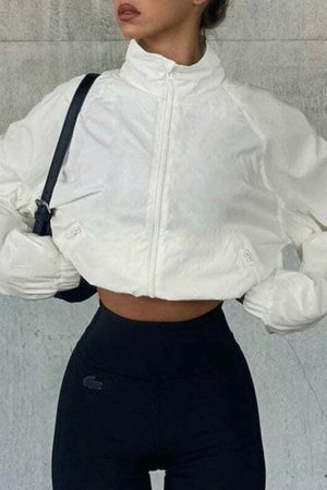 Y2K Streetwear White Zip-Up Jacket Women's Loose Cropped Outerwear