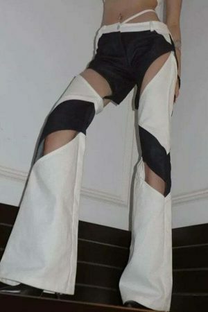 Y2K Streetwear Wide Leg Pants with Hollow Out Patchwork