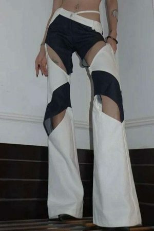 Y2K Streetwear Wide Leg Pants with Hollow Out Patchwork