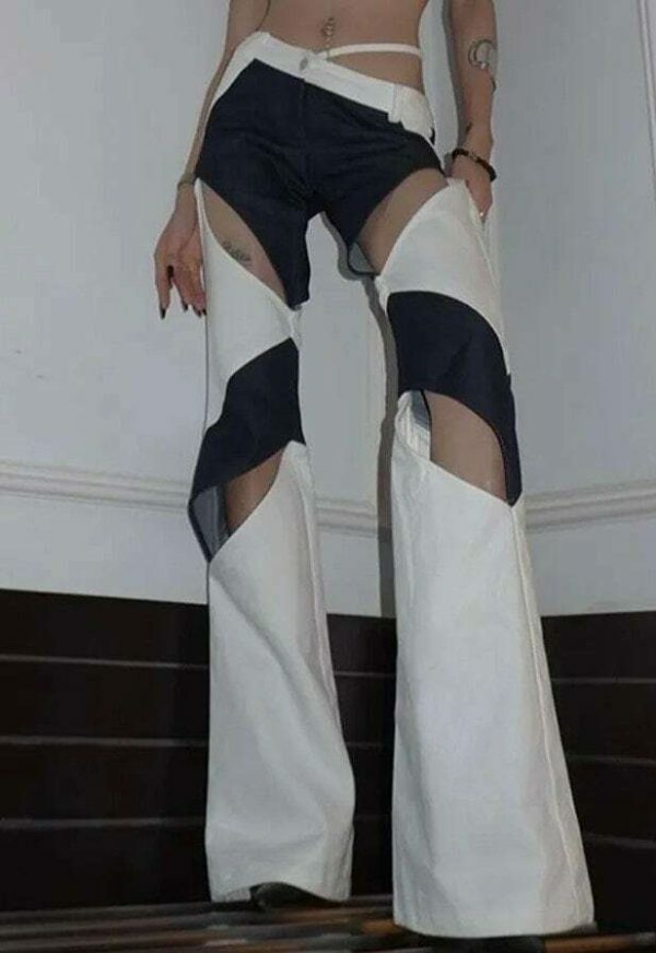 Y2K Streetwear Wide Leg Pants with Hollow Out Patchwork