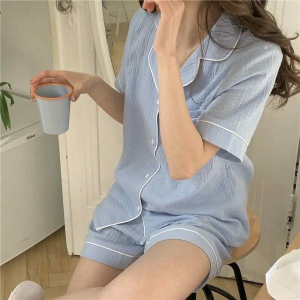 Y2K Streetwear Women's Cotton Crinkle Textured Pyjama Set