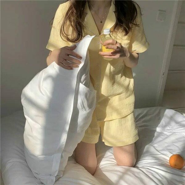 Y2K Streetwear Women's Cotton Crinkle Textured Pyjama Set