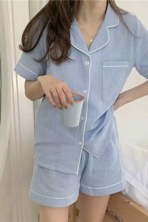 Y2K Streetwear Women's Cotton Crinkle Textured Pyjama Set