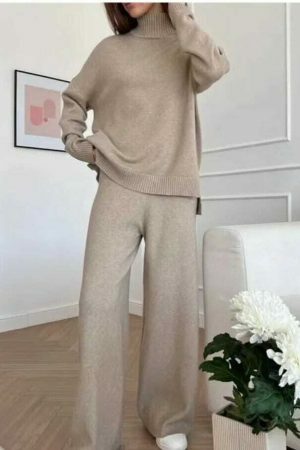 Y2K Streetwear Women's Knitted Turtleneck Sweater & Jogging Pants Set