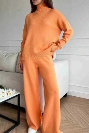 Y2K Streetwear Women's Knitted Turtleneck Sweater & Jogging Pants Set