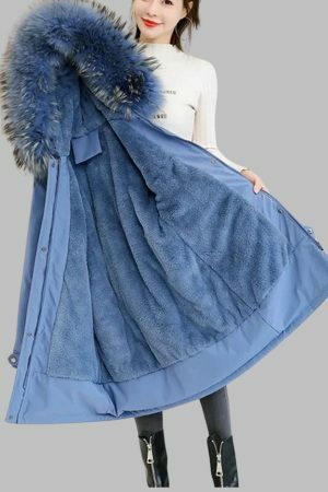 Y2K Streetwear Women's Long Wool Coat with Fur Collar