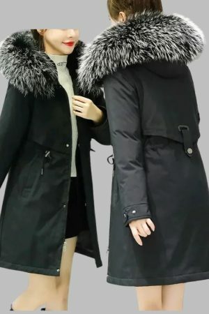 Y2K Streetwear Women's Long Wool Coat with Fur Collar