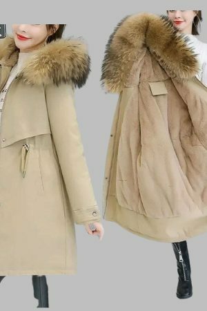 Y2K Streetwear Women's Long Wool Coat with Fur Collar