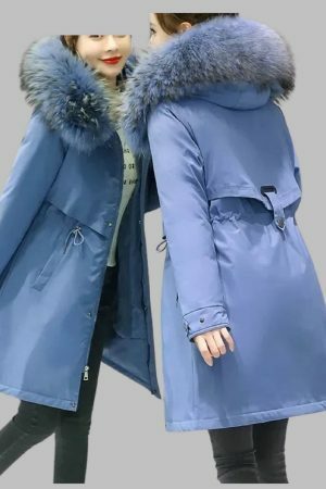 Y2K Streetwear Women's Long Wool Coat with Fur Collar