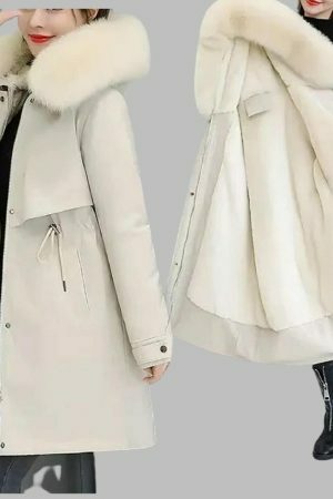 Y2K Streetwear Women's Long Wool Coat with Fur Collar